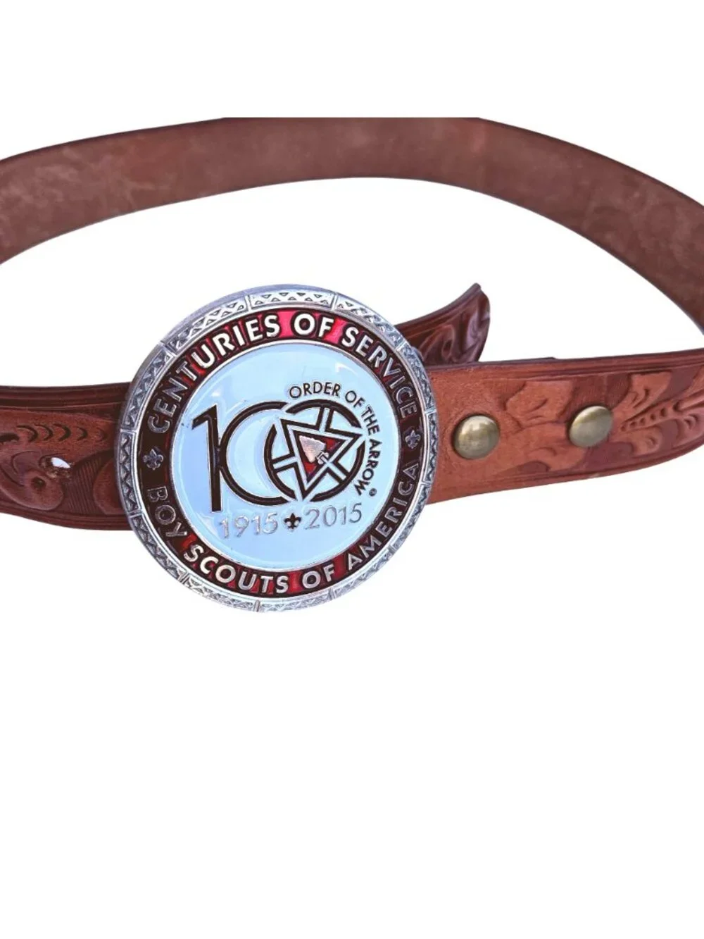 Boy Scouts Centennial Hand Tooled Leather Belt Bison Designs Symbol Buckle 2015